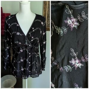 Vtg Y2K Wmns M/L Mesh Stretch Top Black Purple Floral Embroidery Whimsigoth 185